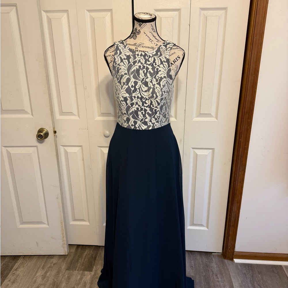 Azazie formal dress, dark, green and white lace overlay